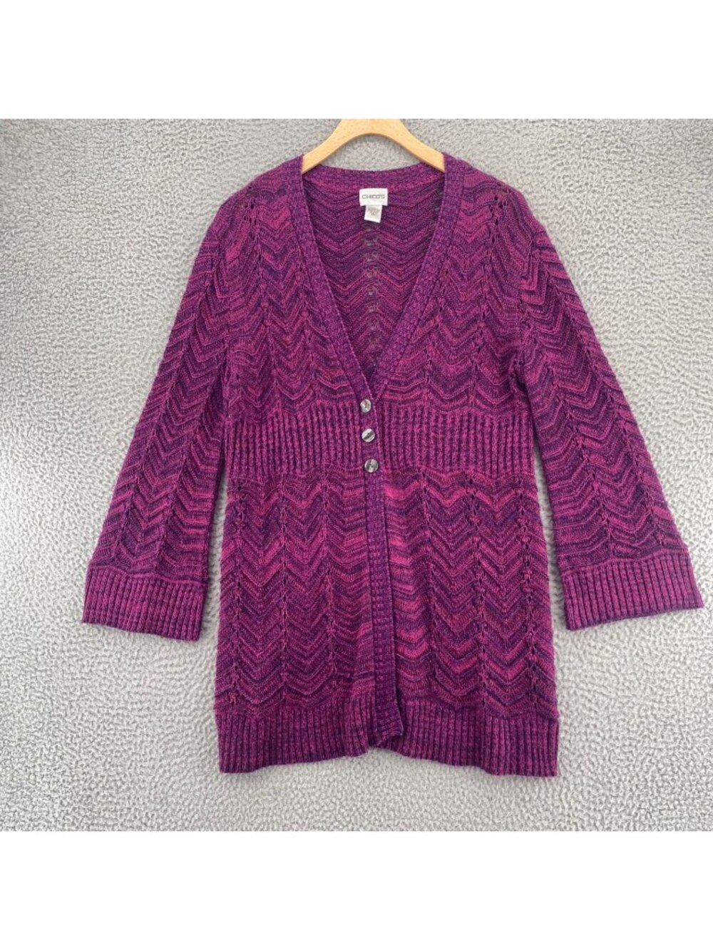 Chicos Sweater Womens 2 US Large Purple Marled Knit Stretch Cardigan Button Up